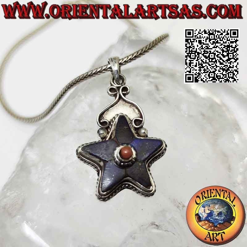 Pendentif en argent, étoile lapis-lazuli avec corail naturel antique central