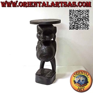 Round stool with seat supported by a sculpture of an aboriginal style in teak wood (25 cm Ø)