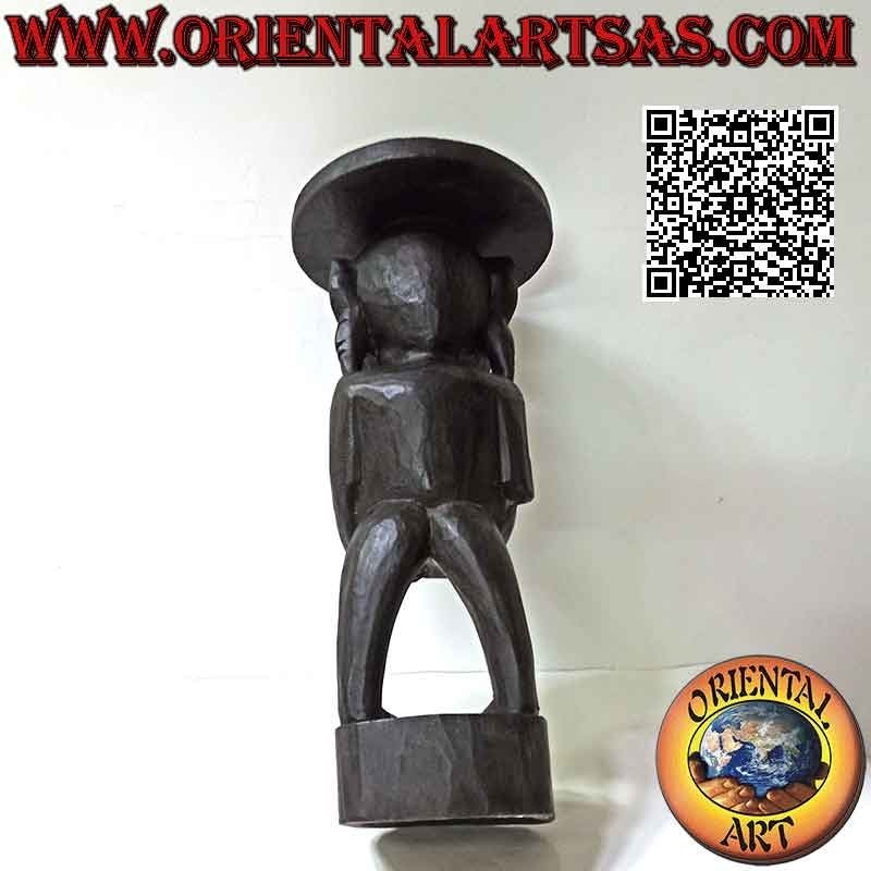 Tabouret rond avec assise soutenue par une sculpture de style aborigène en bois de teck (25 cm Ø)