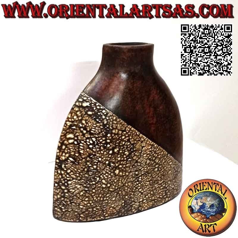 Florero étnico con decoración balinesa y boca ovalada en terracota, hecho a mano (33cm y 33x10cm)