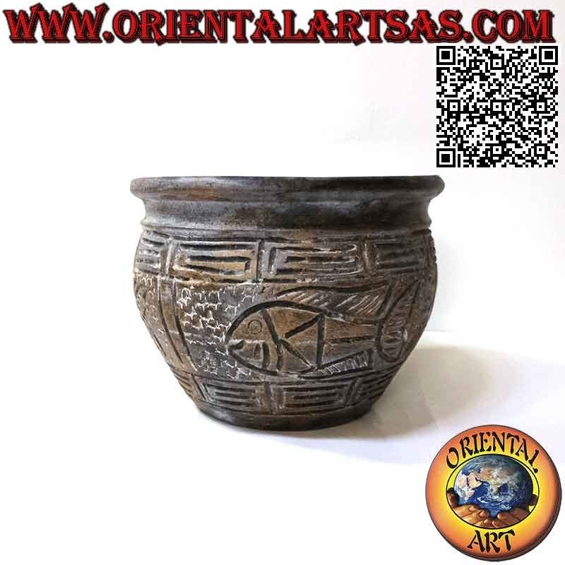 Plant pot with decoration and fish in relief in terracotta, handmade (20 cm and 28 cm ø)