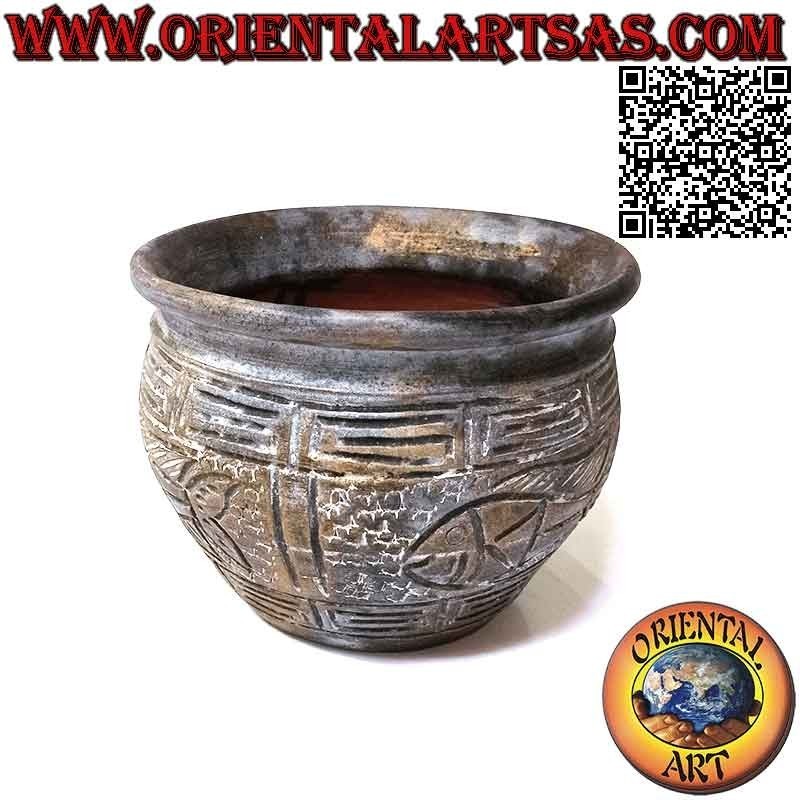 Macetero con decoración y peces en relieve en terracota, hecho a mano (20 cm y 28 cm ø)