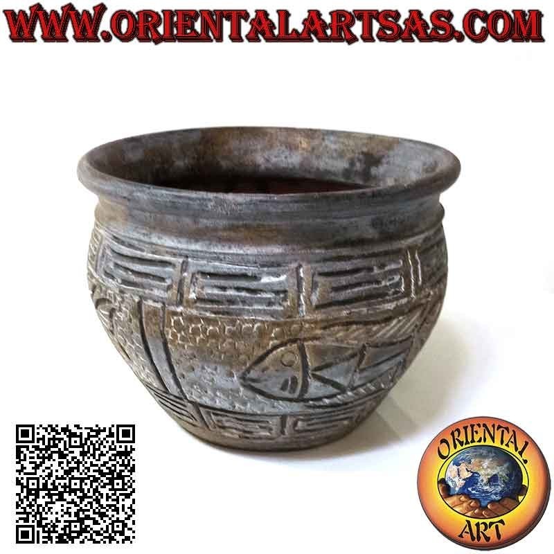 Plant pot with decoration and fish in relief in terracotta, handmade (20 cm and 28 cm ø)