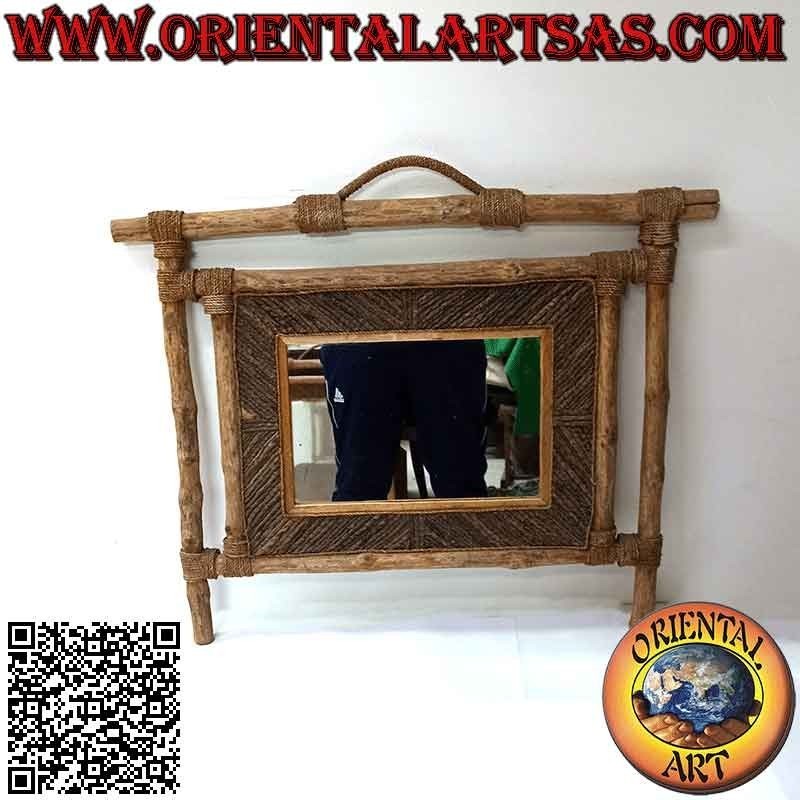 Miroir mural, rectangulaire en bois de café et décorations en fibres végétales (50 x 64 cm)