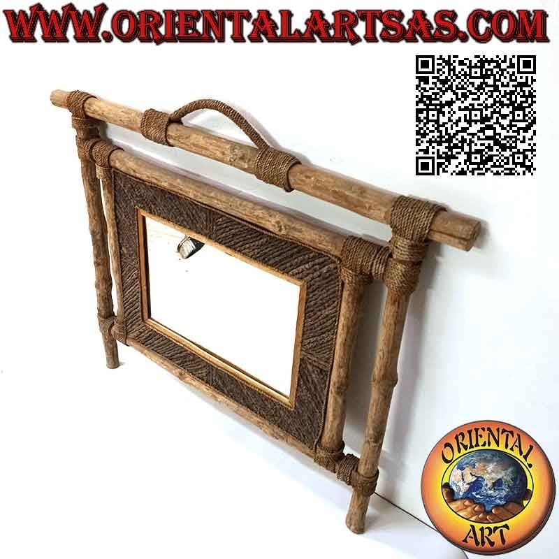 Wall mirror, rectangular in coffee wood and decorations in vegetable fibers (50 x 64 cm)