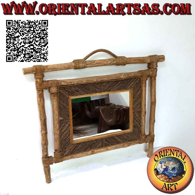 Espejo de pared, rectangular en madera de café y decoraciones en fibras vegetales (50 x 64 cm)