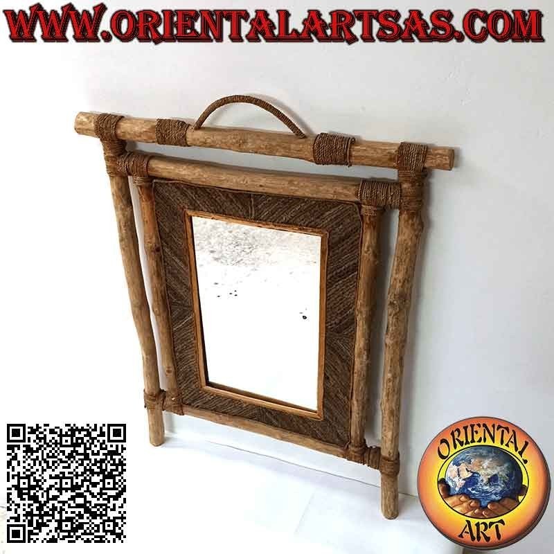 Specchio da parete, rettangolare in legno di caffé e decorazioni in fibre vegetali (73 x 60 cm)