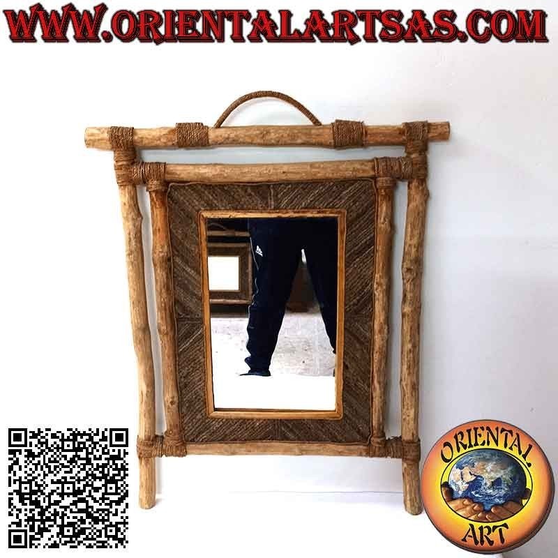 Espejo de pared, rectangular en madera de café y decoraciones en fibras vegetales (73 x 60 cm)