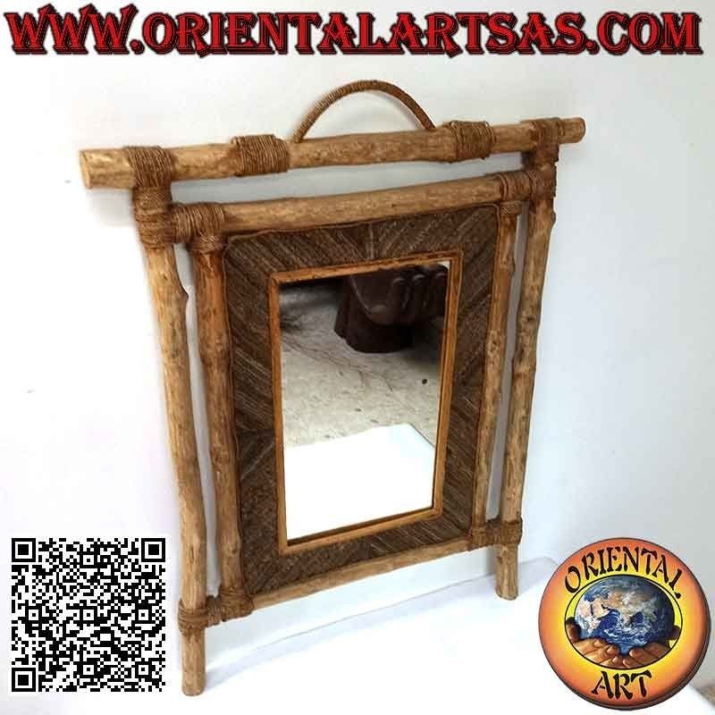 Wandspiegel, rechteckig aus Kaffeeholz und Dekorationen aus Pflanzenfasern (73 x 60 cm)
