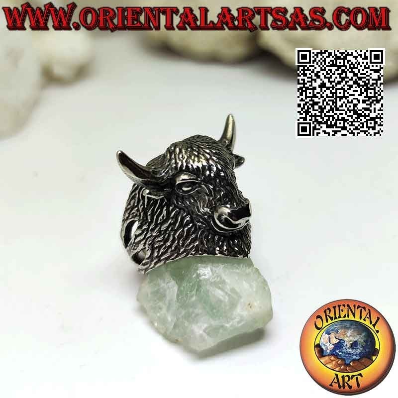 Anello in acciaio chirurgico (316L), testa di bisonte americano completamente inciso