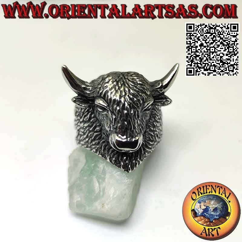 Anello in acciaio chirurgico (316L), testa di bisonte americano completamente inciso