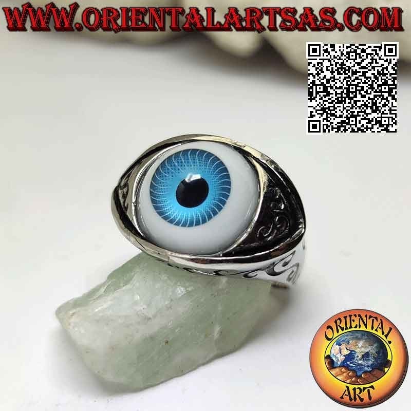 Ring in surgical steel (316L), in the shape of a protruding blue eye with engraved eyelids