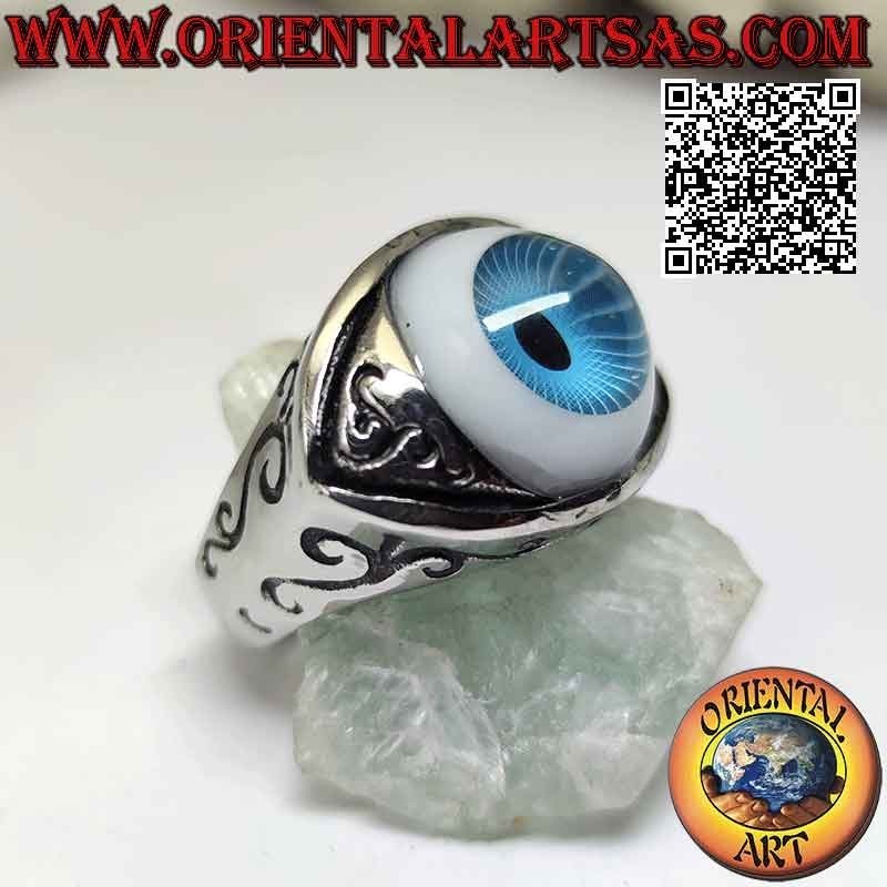 Anillo en acero quirúrgico (316L), en forma de ojo azul saliente con párpados grabados