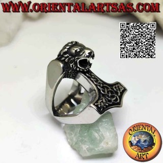Surgical steel ring (316L), Thor's hammer with Celtic engravings and lion head in relief