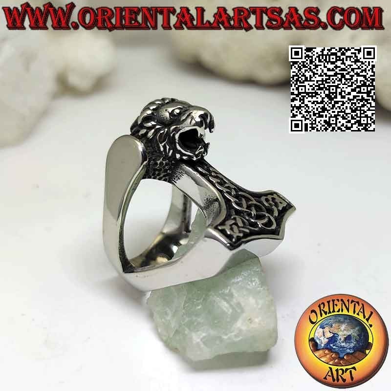 Anillo de acero quirúrgico (316L), martillo de Thor con grabados celtas y cabeza de león en relieve