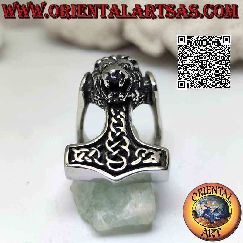 Surgical steel ring (316L), Thor's hammer with Celtic engravings and lion head in relief