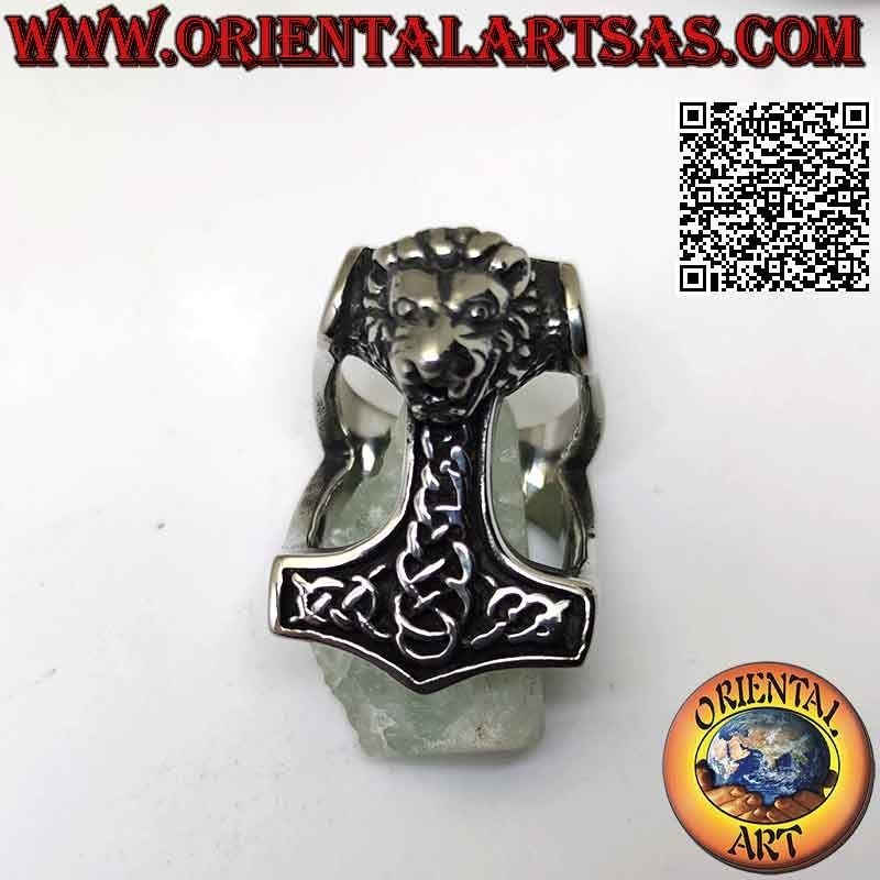 Anello in acciaio chirurgico (316L), martello di Thor con incisioni celtiche e testa di leone in rilievo