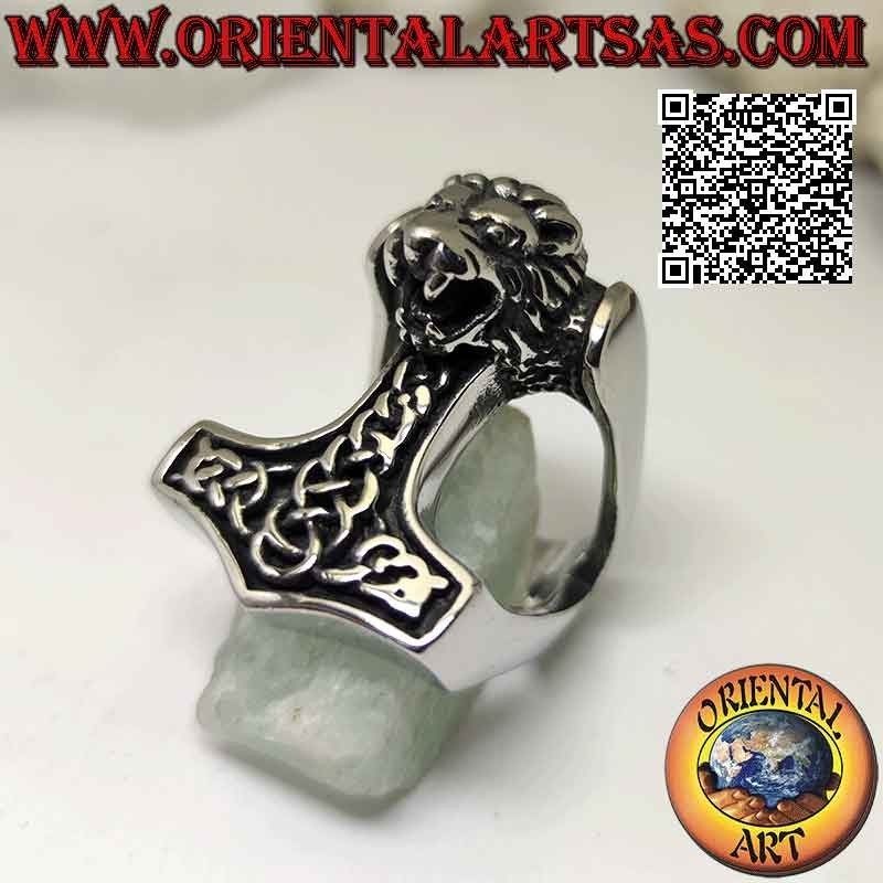 Surgical steel ring (316L), Thor's hammer with Celtic engravings and lion head in relief