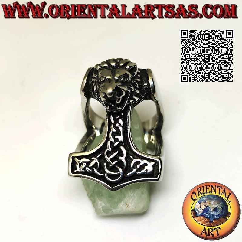 Surgical steel ring (316L), Thor's hammer with Celtic engravings and lion head in relief