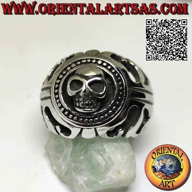 Surgical steel ring (316L), skull embossed in the circle and perforated decorations