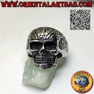Surgical steel ring (316L), skull with tribal engravings on the front and sides