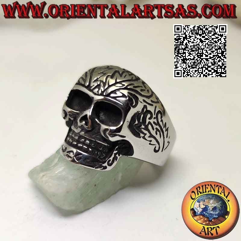 Surgical steel ring (316L), skull with tribal engravings on the front and sides