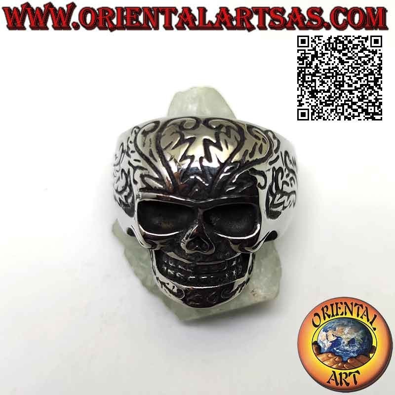 Ring aus Chirurgenstahl (316L), Totenschädel mit Tribal-Gravuren vorne und an den Seiten