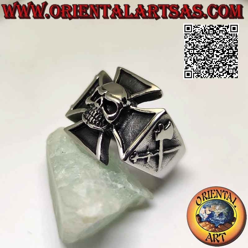 Surgical steel ring (316L), patent cross or iron cross with central skull and coats of arms on the sides