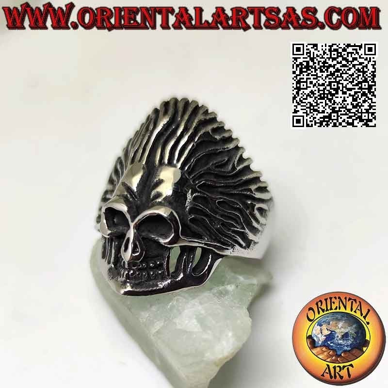Bague en acier chirurgical (316L), tête de mort amérindienne avec coiffe en plumes