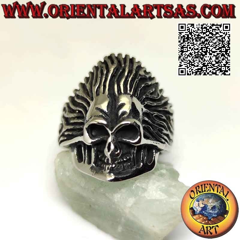 Surgical steel ring (316L), Native American Indian skull with feather headdress