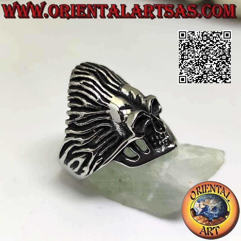 Anillo de acero quirúrgico (316L), calavera de indio nativo americano con tocado de plumas