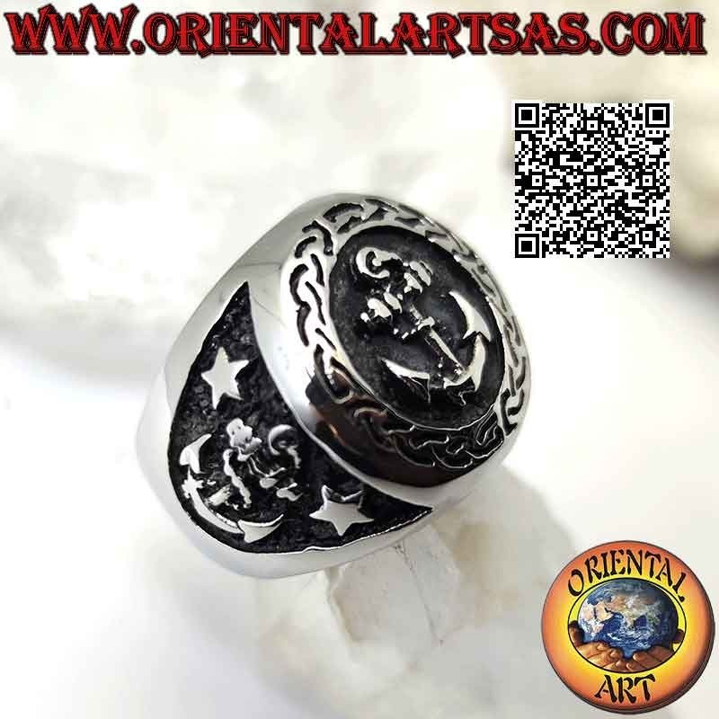 Surgical steel ring (316L), bas-relief anchor in the circle and on the sides