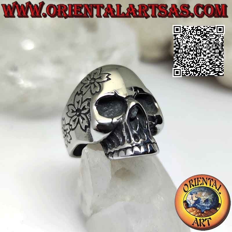 Anillo de acero quirúrgico (316L), calavera mexicana "calanca" lisa con decoración floral grabada en un lado
