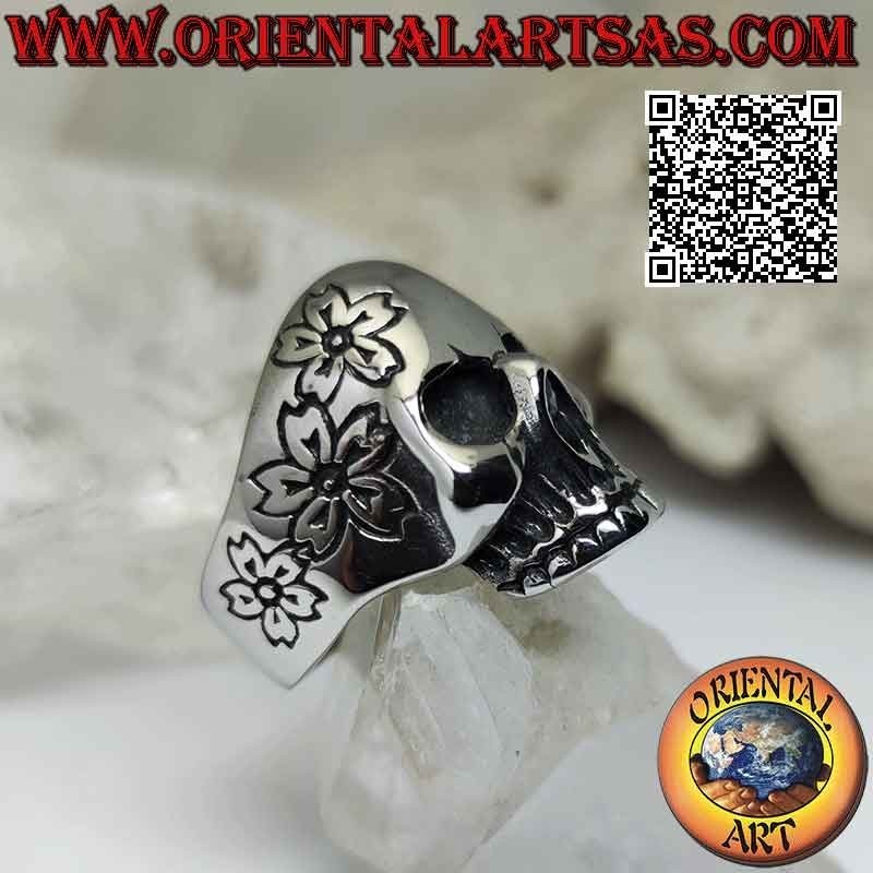 Chirurgenstahlring (316L), glatter mexikanischer „calanca“-Totenkopf mit einseitig graviertem Blumendekor