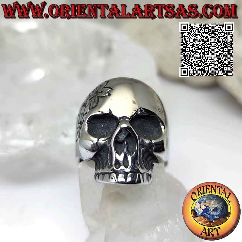 Bague en acier chirurgical (316L), tête de mort "calanca" mexicaine lisse à décor floral gravé sur une face