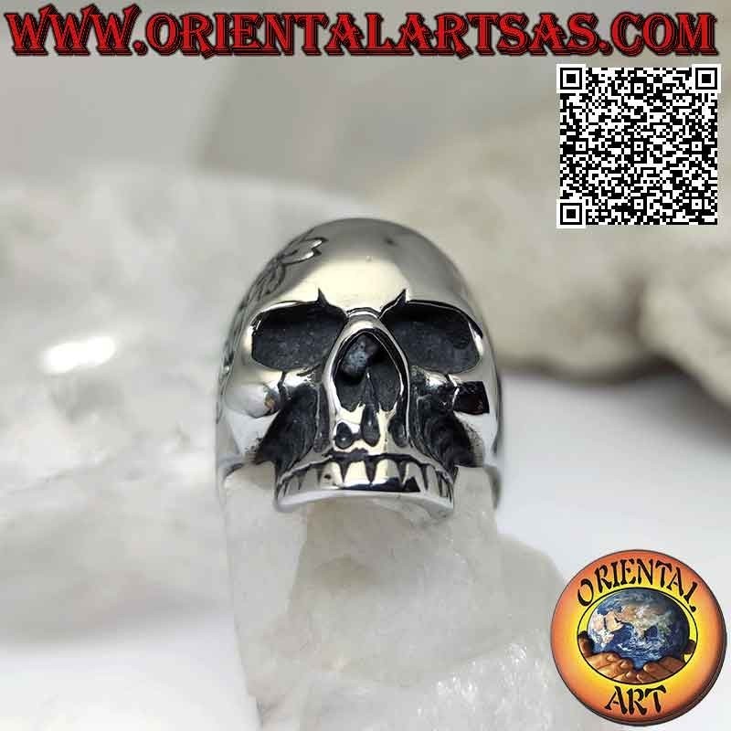 Bague en acier chirurgical (316L), tête de mort "calanca" mexicaine lisse à décor floral gravé sur une face