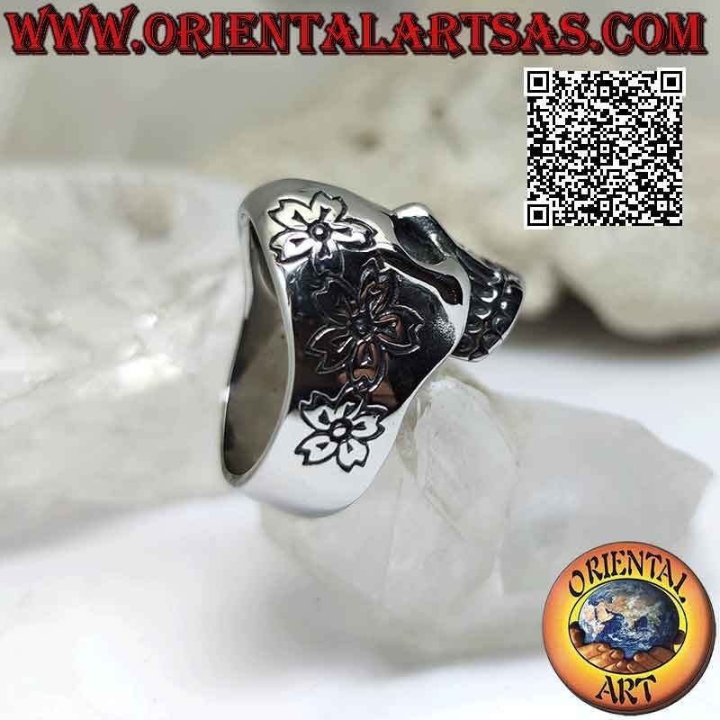 Bague en acier chirurgical (316L), tête de mort "calanca" mexicaine lisse à décor floral gravé sur une face