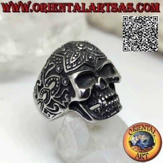 Anillo de acero quirúrgico (316L), calavera mexicana "calanca" con decoración tribal en bajorrelieve
