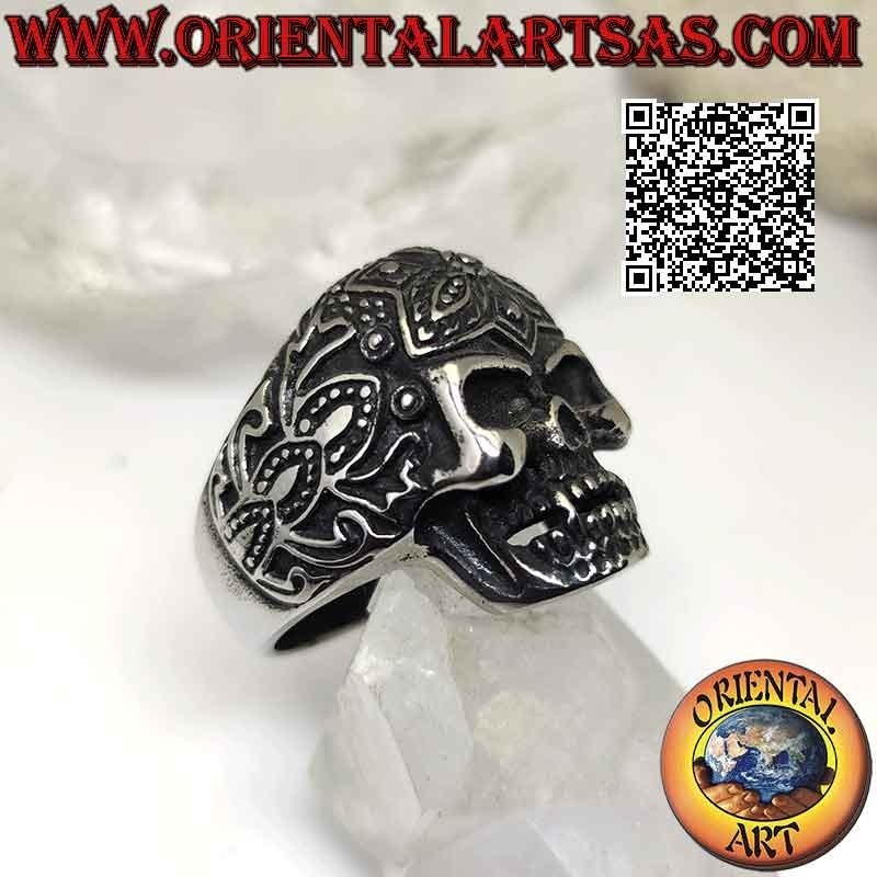 Bague en acier chirurgical (316L), tête de mort "calanca" mexicaine à décor tribal en bas-relief