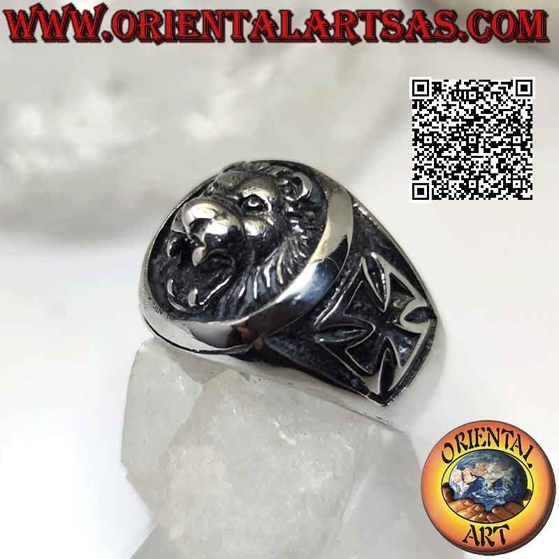 Surgical steel ring (316L), embossed lion head and patent cross or iron cross on the sides