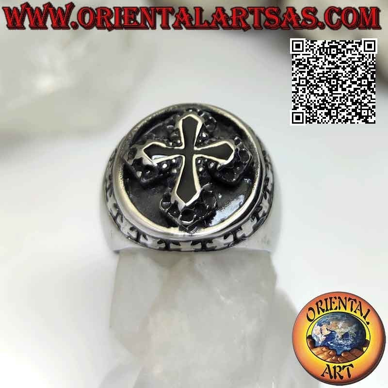 Surgical steel ring (316L), central black cross in relief surrounded by small Greek crosses