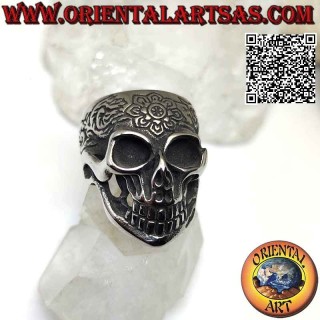 Anello in acciaio chirurgico (316L), teschio messicano "calanca" con decorazione floreale incisa su fronte