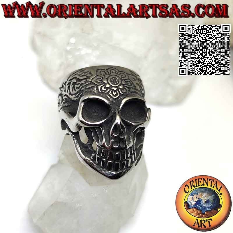 Ring aus Chirurgenstahl (316L), mexikanischer „calanca“-Totenkopf mit Blumendekor auf der Vorderseite graviert