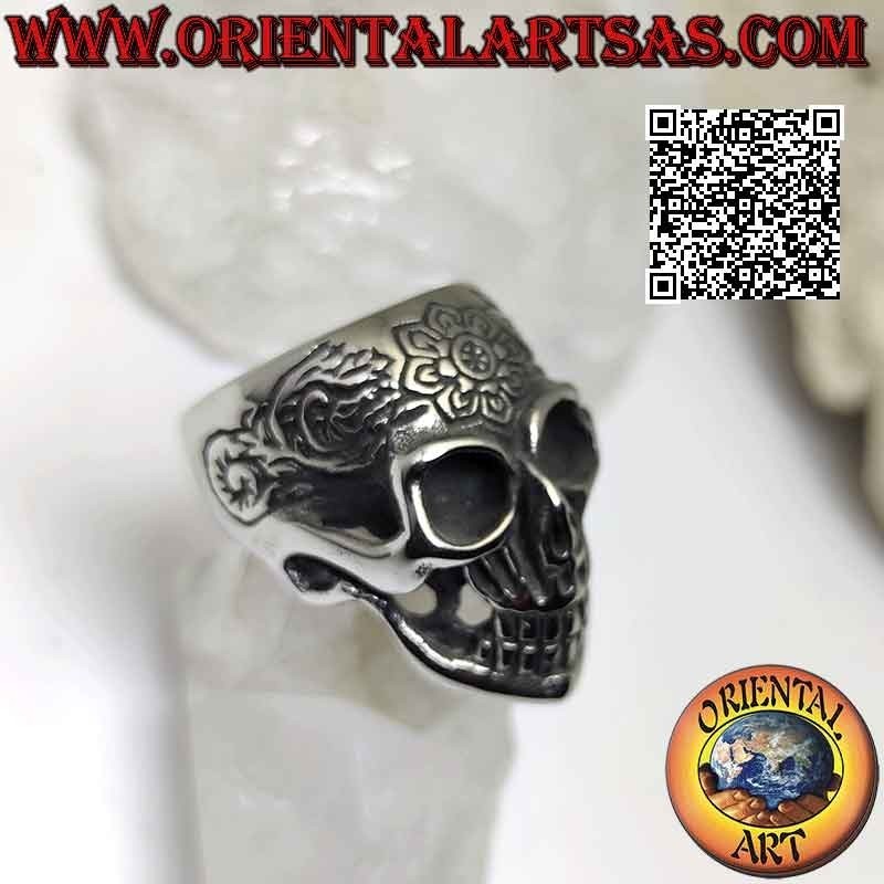 Anillo de acero quirúrgico (316L), calavera mexicana "calanca" con decoración floral grabada en el frente