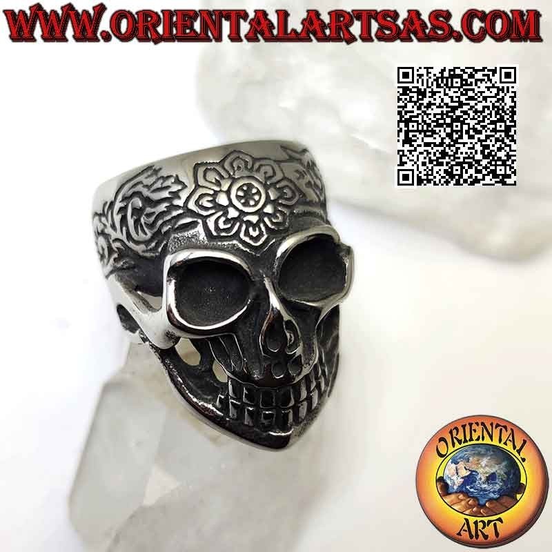 Anello in acciaio chirurgico (316L), teschio messicano "calanca" con decorazione floreale incisa su fronte