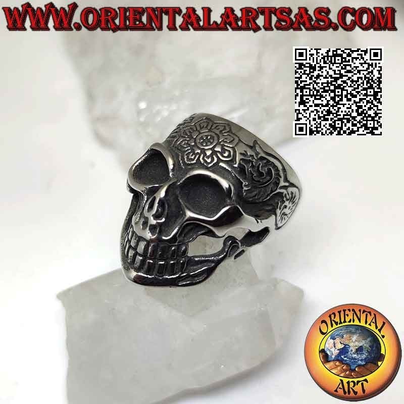 Bague en acier chirurgical (316L), tête de mort "calanca" mexicaine à décor floral gravé sur le devant