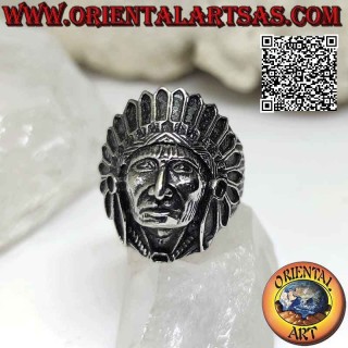 Anello in acciaio chirurgico (316L) testa di un indiano nativo d'America con copricapo di piume
