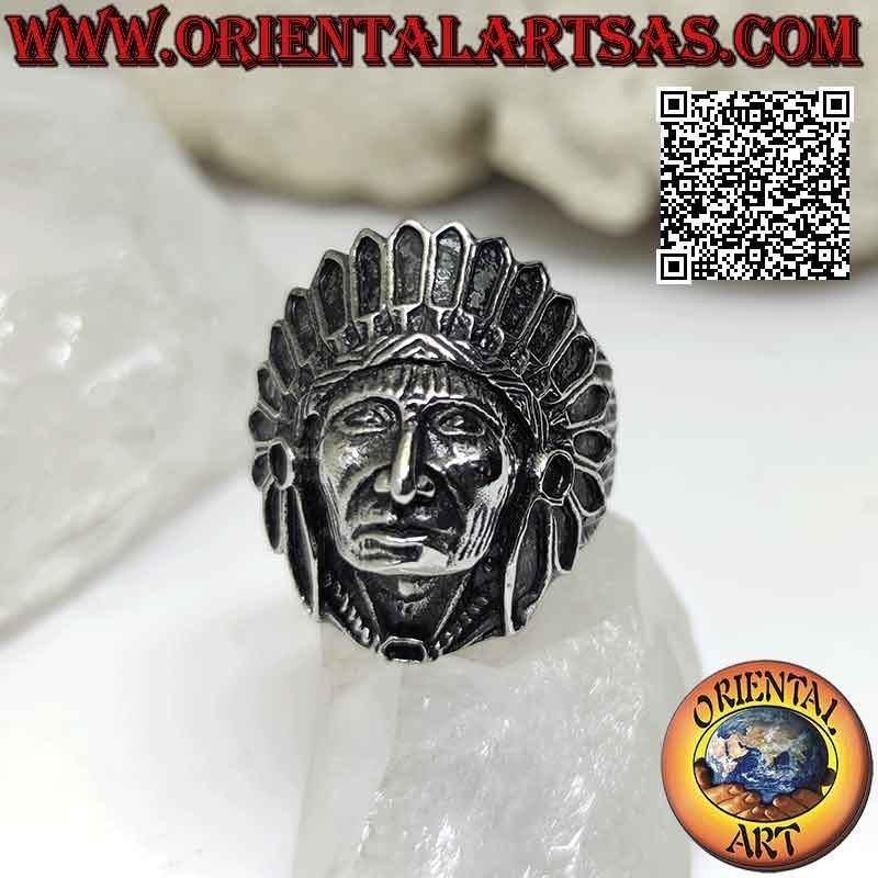 Anello in acciaio chirurgico (316L) testa di un indiano nativo d'America con copricapo di piume