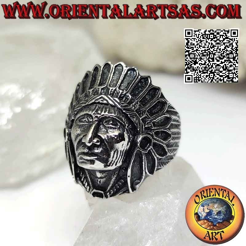 Anello in acciaio chirurgico (316L) testa di un indiano nativo d'America con copricapo di piume