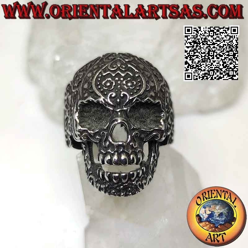 Anillo de acero quirúrgico (316L), calavera mexicana "calanca" con decoración floral en relieve